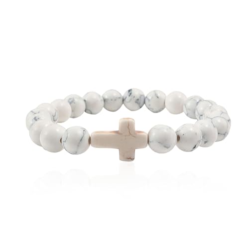 Handmade Cross Natural Colorful Stone Beads Elastic Adjustable Bangle Link Couple Friendship Minimalist Valentine Day Birthday Bracelet Jewelry for Women - color: White