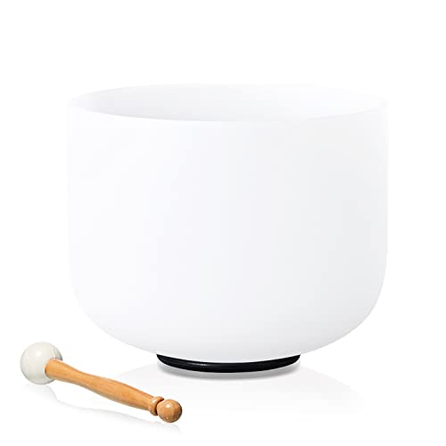 Singing Bowl 8 Inch E Note Solar Plexus Chakra Frosted Quartz Crystal Sound Bowl Mallet and O-ring For Sound Healing Meditation - color: white 3, size: 8"E