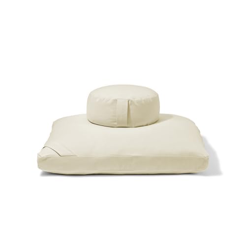 Meditation Cushion Set by renoo - Durable Comfortable Organic Cotton, Linen, Hemp - Modern Zafu Zabuton - Buckwheat Kapok Filled Floor Pillow Yoga Bolster in 15 Colors Washable Cover - color: Vanilla