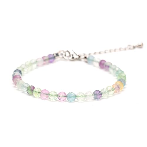 Crystal Bracelet for Women, Natural 4mm Faceted Beads Adjustable Bracelet, Small Beaded Healing Gemstone Bracelet - color: Multicolor Fluorite