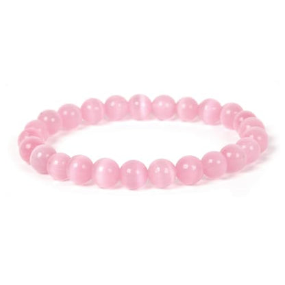 Justinstones Gem Semi Precious Gemstone 8mm Round Beads Stretch Bracelet 7 Inch Unisex - color: Synthetic Pink Cat's Eye Glass