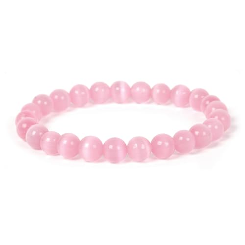 Justinstones Gem Semi Precious Gemstone 8mm Round Beads Stretch Bracelet 7 Inch Unisex - color: Synthetic Pink Cat's Eye Glass
