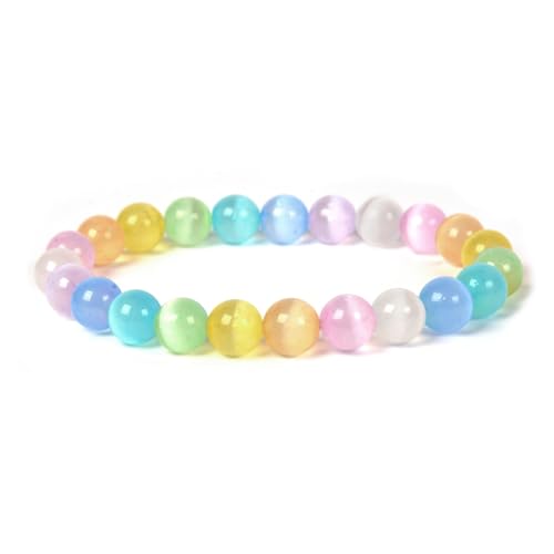 Justinstones Gem Semi Precious Gemstone 8mm Round Beads Stretch Bracelet 7 Inch Unisex - color: Colorful Cat's Eye Glass