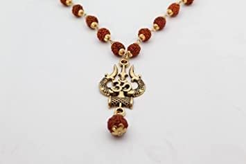 The Great Indian Store Original Rudraksha Mala, Golden Om Trishul Damru Pendant, Religious Locket for Men and Women Pack of 1