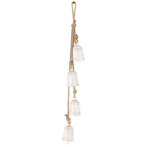 Deco 79 Metal Indoor Outdoor Decorative Bells Tibetan Inspired Cascading Meditation Bell with 4 Bells on Jute Hanging Rope, Cow Bell 3" x 3" x 27", White - color: White, size: 3" x 3" x 27"