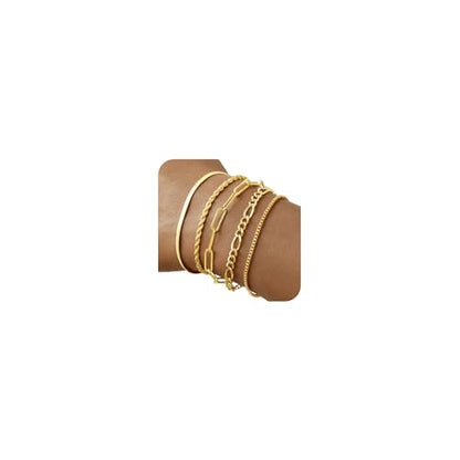 Gold Bracelets for Women, 14K Gold Plated Stackable Bracelet Stack Set Adjustable Charm Paperclip Chain Snake Link Layered Waterproof Jewelry Sets Gifts - style: Bracelets Set /1