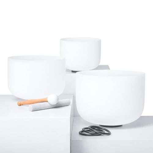 Hye-eun 3pcs 8"B 10"F 12"C Frosted Quartz Crystal Singing Bowl Set 432hz with Free Carry Bag Mallets & Rubber for Sound Healing Bath Keep Balance Therapy Meditation Yoga