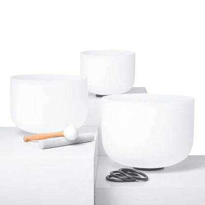 Hye-eun 3pcs 8"B 10"F 12"C Frosted Quartz Crystal Singing Bowl Set 432hz with Free Carry Bag Mallets & Rubber for Sound Healing Bath Keep Balance Therapy Meditation Yoga