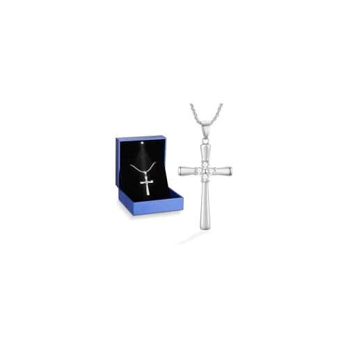 1CT Moissanite Cross Necklace for Women Wife, 18K Gold Filled or Sterling Silver Cross Pendant Chain Jewelry,Anniversary Birthday Gifts for Women Wife Her with LED Light-Up Gift Box and Gift Card - style: Silver-No Card