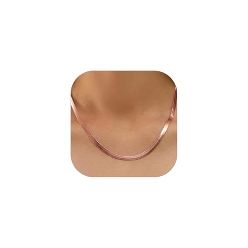 FOCALOOK 14K Gold Plated Necklaces for Women, Fashion Herringbone Choker Necklace Stainless Steel Flat Snake Chain 3/5MM(W) 12.5"/15"/18"+3.5"(L) - color: 5MM-Rose Gold-18"