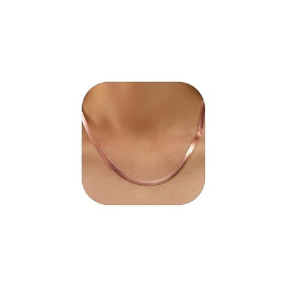FOCALOOK 14K Gold Plated Necklaces for Women, Fashion Herringbone Choker Necklace Stainless Steel Flat Snake Chain 3/5MM(W) 12.5"/15"/18"+3.5"(L) - color: 5MM-Rose Gold-18"