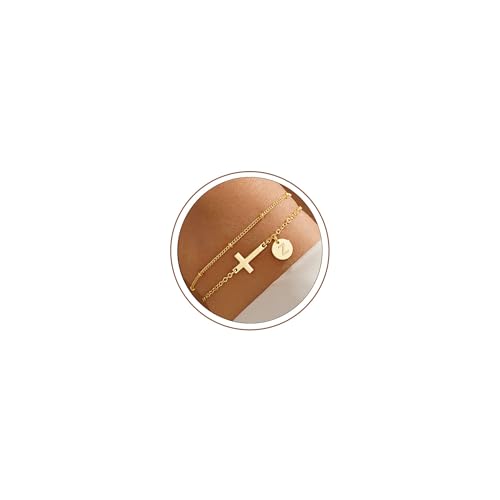 M MOOHAM Layered Initial Cross Bracelets for Women Teen Girls - 14K-Gold-Plated Disc Letter A-Z Cross Bracelet Jewelry Christian Gifts for Women Baptism Confirmation Gift for Teen Girls - color: Z