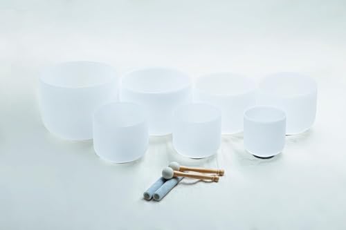 Set of 7 size 6"-12" White A-G Note 432 hz Crystal Singing Bowl with Carrying Case - color: Set of 7, White