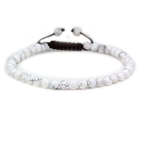 Keleny Natural Gemtones 4mm Round Beads Crystal Adjustable Braided Macrame Tassels Bracelets Unisex - color: White Howlite