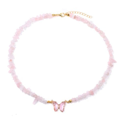 Bohemian Crystal Butterfly Necklaces Stress Relief Anxiety Yoga Pendant,Healing Natural Stone Mantra Choker for Women Teen Girls Friendship Birthday Mothers Day Gift Summer Beach Jewelry - color: Rose Quartz