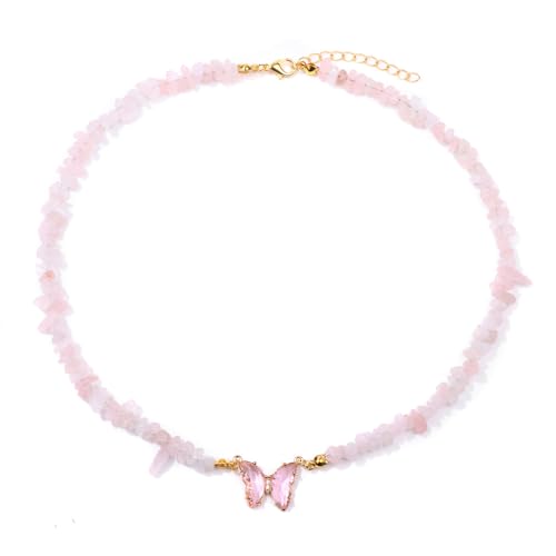 Bohemian Crystal Butterfly Necklaces Stress Relief Anxiety Yoga Pendant,Healing Natural Stone Mantra Choker for Women Teen Girls Friendship Birthday Mothers Day Gift Summer Beach Jewelry - color: Rose Quartz