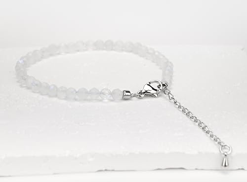 Crystal Bracelet for Women, Natural 4mm Faceted Beads Adjustable Bracelet, Small Beaded Healing Gemstone Bracelet - color: Blue Moonstone
