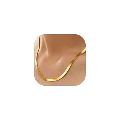 FOCALOOK 14K Gold Plated Necklaces for Women, Fashion Herringbone Choker Necklace Stainless Steel Flat Snake Chain 3/5MM(W) 12.5"/15"/18"+3.5"(L) - color: 5MM-14K Gold-18"