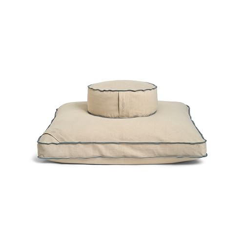 Meditation Cushion Set by renoo - Durable Comfortable Organic Cotton, Linen, Hemp - Modern Zafu Zabuton - Buckwheat Kapok Filled Floor Pillow Yoga Bolster in 15 Colors Washable Cover - color: Dune