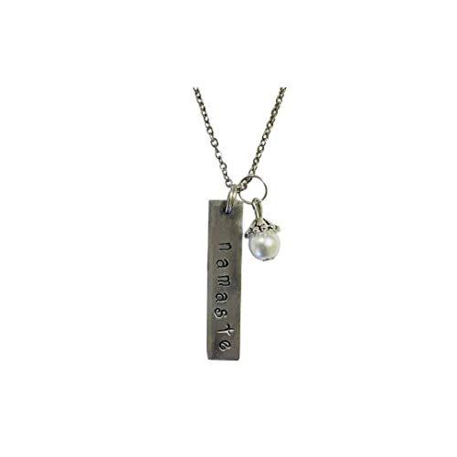 Namaste Yoga Meditation Necklace with white glass Pearl Dangle, Handstamped Bar Necklace, comes on an 18 inch stainless steel link chain