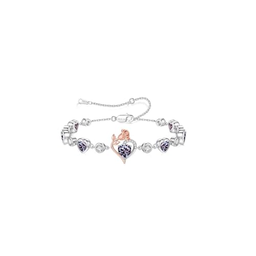 Birthstone Bracelets for Women - 925 Sterling Silver Rose Heart Charm Bracelets, Anniversary Birthday Gifts for Women Wife Mom Girlfriend Daughter, 6"+2" - color: 06-June-Alexandrite Light Purple