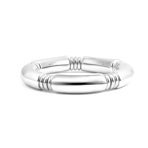 Gold Chunky Bangles Bracelets For Women 14k Gold Plated Stack Layered Curved Bamboo Tube Stretch Bracelets Gift Jewelry - color: 1pcs Silver