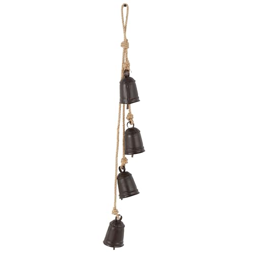 Deco 79 Metal Indoor Outdoor Decorative Bells Tibetan Inspired Cascading Meditation Bell with 4 Bells on Jute Hanging Rope, Cow Bell 3" x 3" x 27", Black - color: Black, size: 3" x 3" x 27"