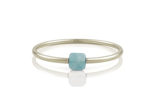 Aqua Quartz Gold Tube Bracelet - Square Aqua Quartz Gemstone Center Bead - Shiny Gold Filled Slip On Bracelet for Women - Minimal Stackable Tube Gold Jewelry