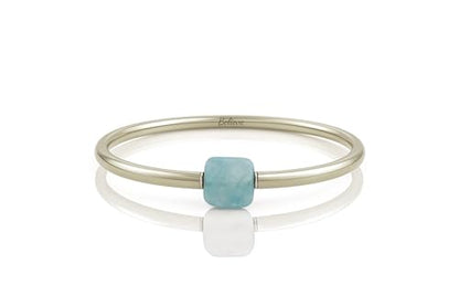 Aqua Quartz Gold Tube Bracelet - Square Aqua Quartz Gemstone Center Bead - Shiny Gold Filled Slip On Bracelet for Women - Minimal Stackable Tube Gold Jewelry