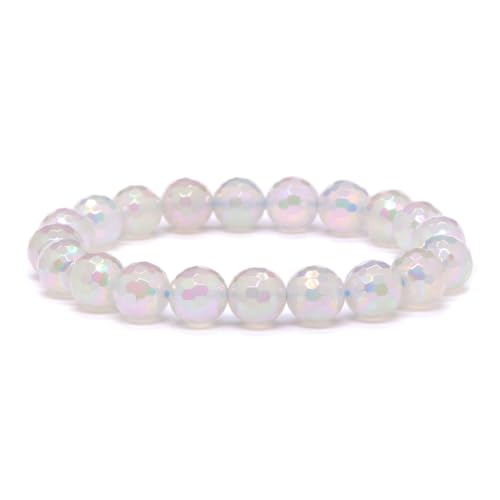 Justinstones Gemstone Crystals Chakra Beads Bracelet Crystal Healing 10mm Round Stretchable Bracelet for Her Gift - color: Faceted Electroplated White Agate（AB color）