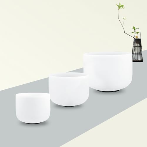 RYAN DVAN 432Hz Crystal Singing Bowls Set of 3, 6" B Crown, 8" G Throat, 10" F Heart bowls, Quartz Chakra Sound Bowls for Meditation & Healing, with Case, Mallet & Suede Striker - color: White (6B+8G+10F), size: 6-10 Inch 432Hz