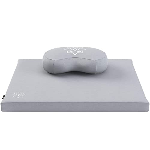 Mindful Modern Meditation Cushion & Zabuton Meditation Mat Bundle - 100% Cotton Meditation Cushion Set for Yoga - Buckwheat Crescent Shaped Zafu Floor Pillow Rectangular Mat - Slate Grey Color