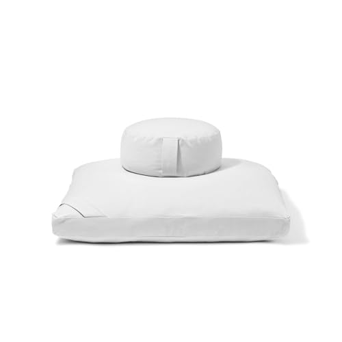 Meditation Cushion Set by renoo - Durable Comfortable Organic Cotton, Linen, Hemp - Modern Zafu Zabuton - Buckwheat Kapok Filled Floor Pillow Yoga Bolster in 15 Colors Washable Cover - color: Snow