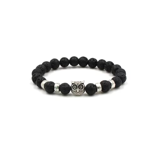 Fuqimanman2020 Natural agate Rock Owl Stretch String Healing Crystal Bracelet Energy Beaded Bracelet Set 8mm Women Gifts - color: Volcano