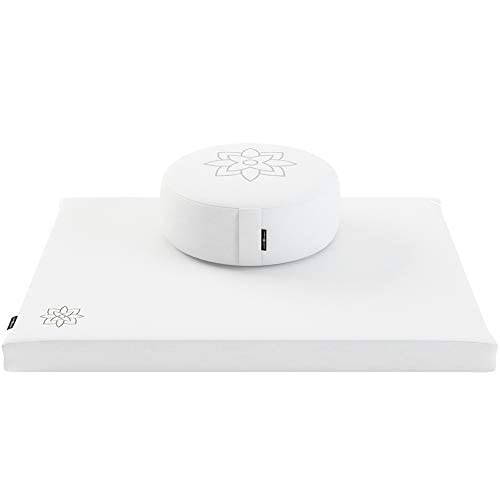 Mindful Modern Meditation Cushion & Zabuton Meditation Mat Bundle - 100% Cotton Meditation Cushion Set for Yoga - Buckwheat Zafu Floor Pillow Rectangular Mat - Removable Cover - Classic White Color