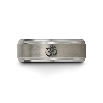 Yoga Om Symbol Ring - Gift for Meditation Fan - Personalized Custom Engraving - Anniversary Wedding - 8mm - Band - Brushed Polished - Tungsten - Flat Dome Bevel - Men Women - Yellow Rose Gold Silver - color: 06 - Grey Tungsten