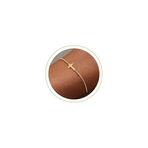 Tewiky Waterproof Gold Bracelets for Women Non Tarnish - Dainty Stack 14K Gold Plated/Sterling Silver Chain Bracelets Set Adjustable Trendy Jewelry for Women - style: gold cross bracelet