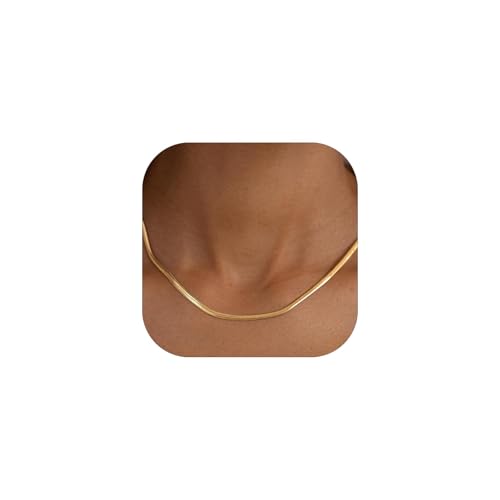 FOCALOOK 14K Gold Plated Necklaces for Women, Fashion Herringbone Choker Necklace Stainless Steel Flat Snake Chain 3/5MM(W) 12.5"/15"/18"+3.5"(L) - color: 3MM-14K Gold-18"
