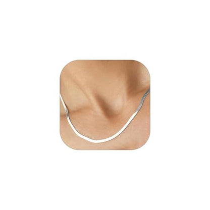 FOCALOOK 14K Gold Plated Necklaces for Women, Fashion Herringbone Choker Necklace Stainless Steel Flat Snake Chain 3/5MM(W) 12.5"/15"/18"+3.5"(L) - color: 3MM-Silver-18"