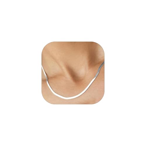 FOCALOOK 14K Gold Plated Necklaces for Women, Fashion Herringbone Choker Necklace Stainless Steel Flat Snake Chain 3/5MM(W) 12.5"/15"/18"+3.5"(L) - color: 3MM-Silver-18"