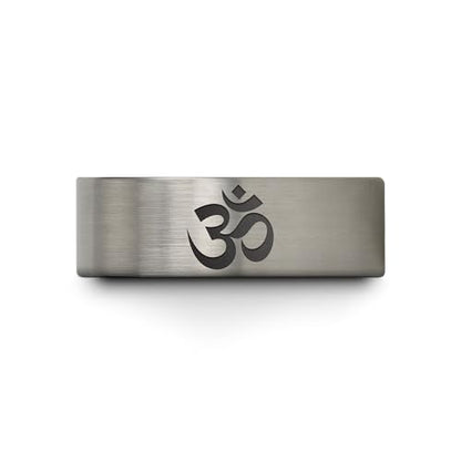 Yoga Om Symbol Ring - Gift for Meditation Fan - Personalized Custom Engraving - Anniversary Wedding - 8mm - Band - Brushed Polished - Tungsten - Flat Dome Bevel - Men Women - Yellow Rose Gold Silver - color: 13 - Grey Tungsten