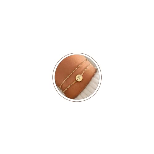 MONOZO Gold Initial Bracelets for Women Girls Jewelry Gifts Trendy - Dainty 18K Gold Plated Disc Monogram Letter A-Z Initial Bracelets for Women Girls Teens Personalized Letter Bracelet Birthday Gifts - color: Gold, style: P