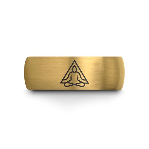 Gift for Yoga Fan - Yoga Meditation Ring - Flat Dome Bevel - Band - Men Women - Brushed Polished - Tungsten - Personalized Custom Engraving - 8mm - Anniversary Wedding - Yellow Rose Gold Silver - color: 05 - Yellow Gold Grey Tungsten