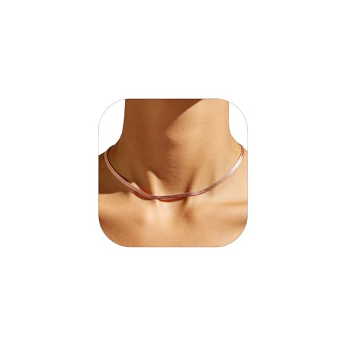 FOCALOOK 14K Gold Plated Necklaces for Women, Fashion Herringbone Choker Necklace Stainless Steel Flat Snake Chain 3/5MM(W) 12.5"/15"/18"+3.5"(L) - color: 3MM-Rose Gold-15"