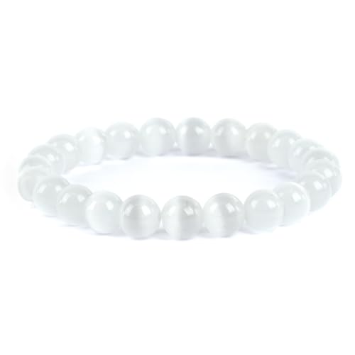 Natural Energy Healing Stone Charm Bracelet 8mm Natural Energy Healing Lava Rock Bracelet - Unisex - color: ZLY-White Cat Eyes
