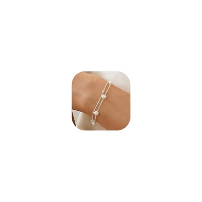 KOHOTA Silver Gold Bracelets for Women Trendy 14K Gold Plated Bracelet for Women Non Tarnish Dainty Stackable Layered Chain Heart Pearl Knot Beaded Bracelets Stack Set Charm Mothers Day Jewelry Gifts - color: B.Pearl-silver