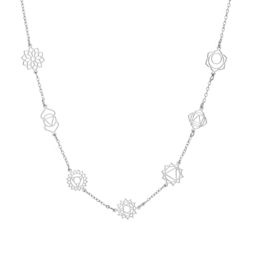 TEAMER 7 Chakras Yoga Charm Necklace Stainless Steel Adjustable Rhinestone Necklace Spiritual Meditation Inspirational Jewelry For Women