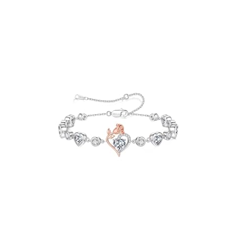 Birthstone Bracelets for Women - 925 Sterling Silver Rose Heart Charm Bracelets, Anniversary Birthday Gifts for Women Wife Mom Girlfriend Daughter, 6"+2" - color: 04-April-Elegant White