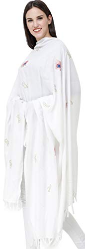 Exotic India Radhe Prayer Shawl with Embroidered Peacock Feather - PolyCotton - color: Snow White