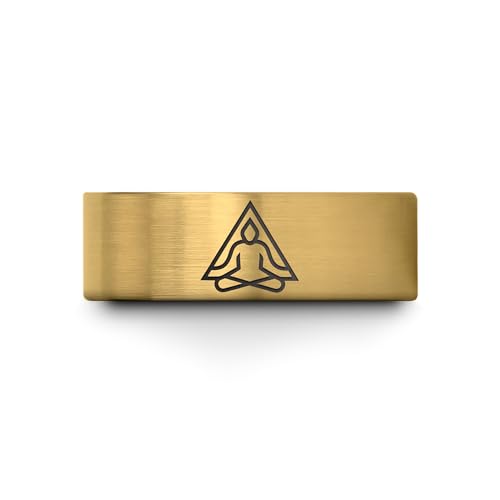 Gift for Yoga Fan - Yoga Meditation Ring - Flat Dome Bevel - Band - Men Women - Brushed Polished - Tungsten - Personalized Custom Engraving - 8mm - Anniversary Wedding - Yellow Rose Gold Silver - color: 15 - Yellow Gold Tungsten